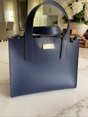 kate spade navy leather top-handle satchel with gold plaque